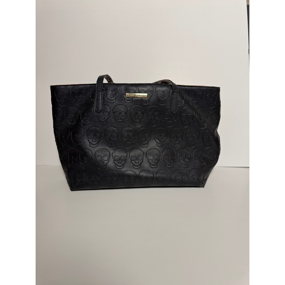 Betsey Johnson Black Embossed Skull Tote Bag Graffiti Straps Large Handbag
